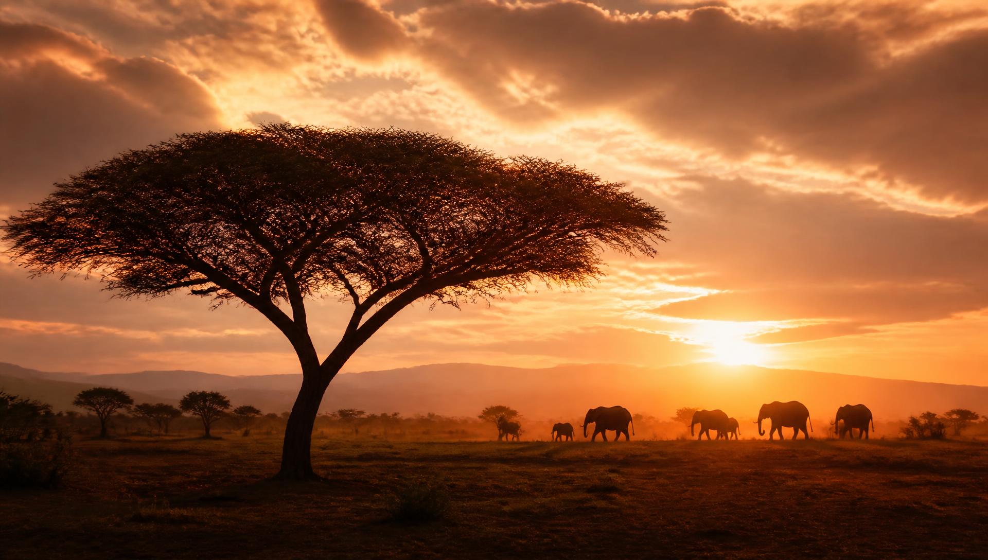 Acacia tree and elephants on the African savannah at dusk