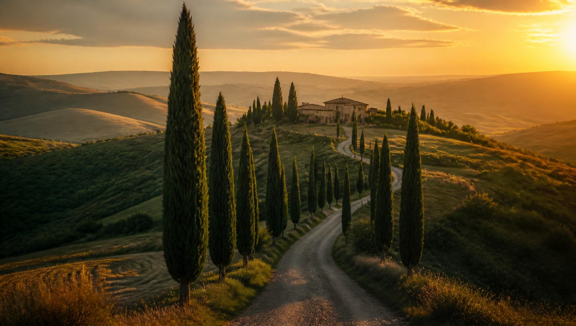 Cypress-lined road through the Tuscan countryside at golden hour